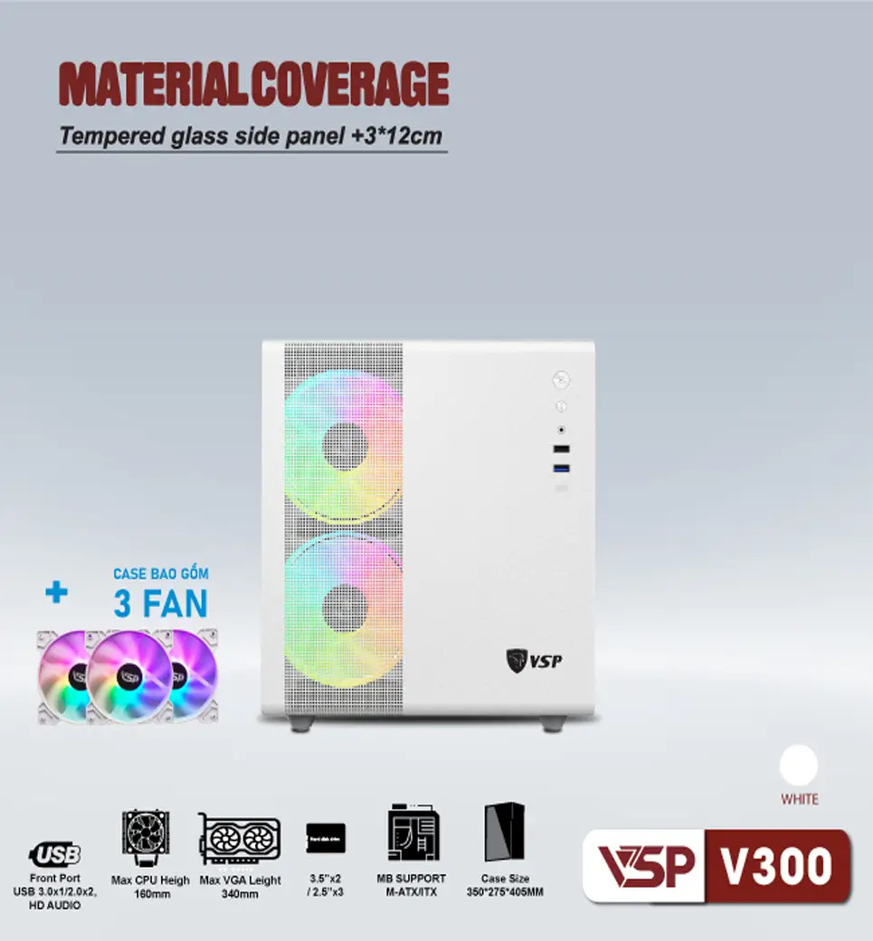 Vỏ Case Máy Tính VSP Gaming V300 - Mini-ATX White