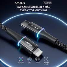 Cáp sạc Lightning - VIVAN VDCL120 Black Type-C To Lightning (Sạc nhanh 27W, dây bện dù, Có LED, 1m2)
