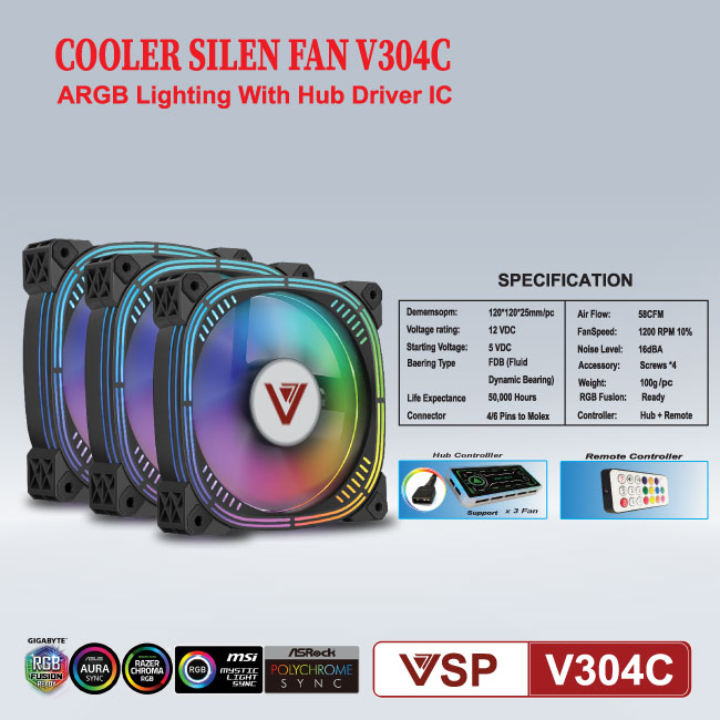 COMBO FAN CASE + HUB VSP LED RGB V304C X3
