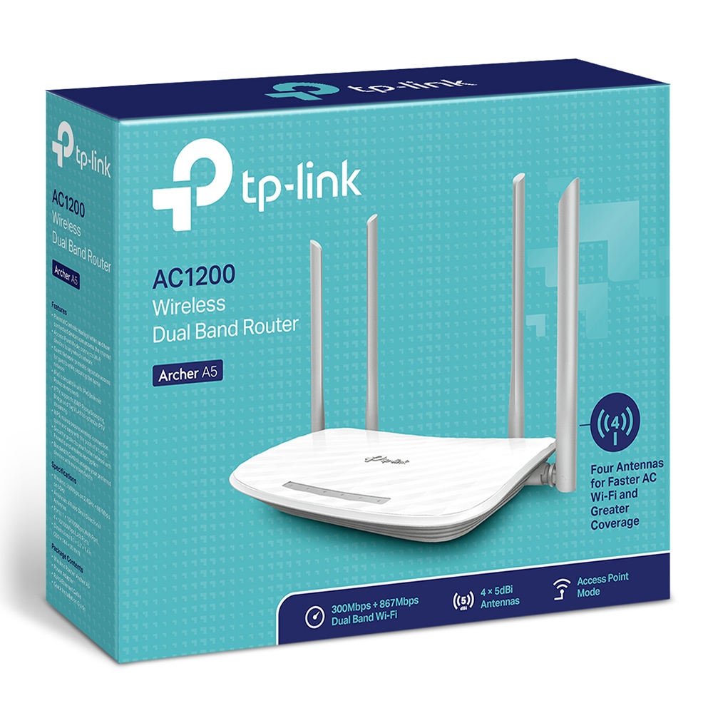 Phát Wifi TP-Link Archer A5 Chính hãng (4 anten, 1167Mbps, 2 băng tần, Repeater, 4LAN)